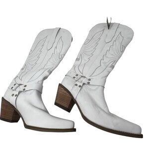 DINGO | Heavens To Betsy Leather Boots White Cowboy Edgy Eagle Leather Heel